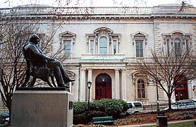 [photo, George Peabody statue before Peabody Institute, Mount Vernon Place, Baltimore, Maryland]