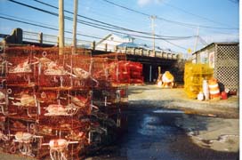 [photo, Red and yellow crab pots (traps), Chesapeake Beach, Maryland]